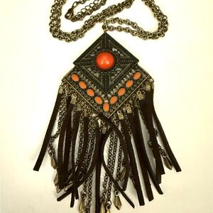 Bohemian Fringe Necklace with Orange Accents